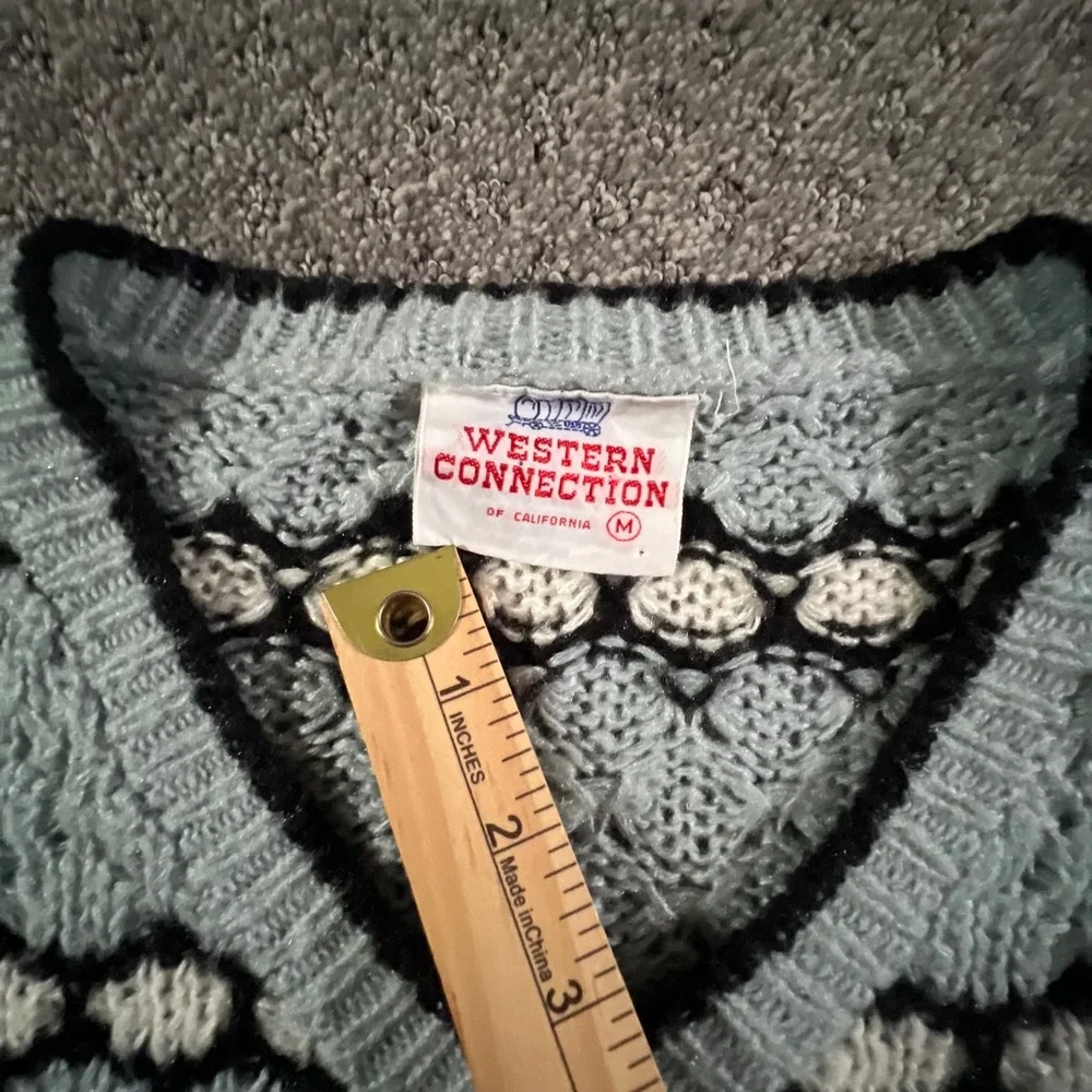 Western Connection‎ Sweater Womens Medium Blue Vintage 80s Popcorn Knit V-Neck